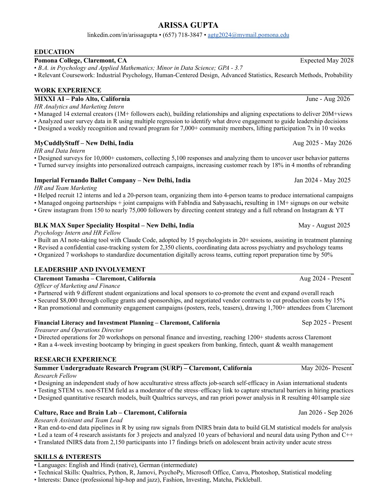 Arissa Gupta resume